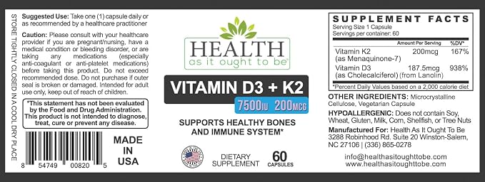 Vitamin D3 7500 Iu + K2 200 Mcg - 60 Capsules