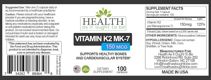 Vitamin K2 Mk-7 150 Mcg - 100 Capsules